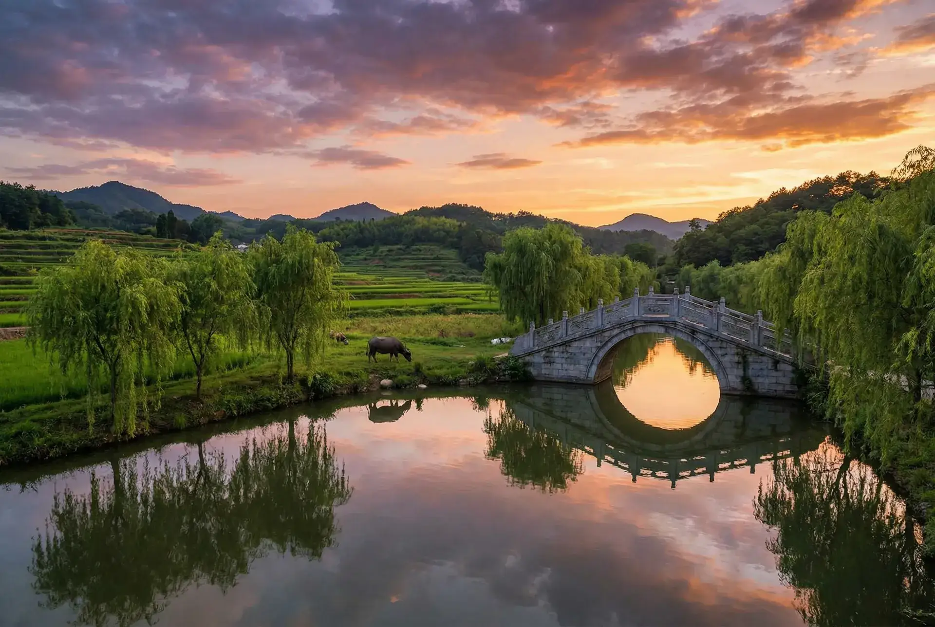 夕阳下的石拱桥与垂柳，水牛在河边吃草 - 老师在单杠c了我一节课 乡村美景